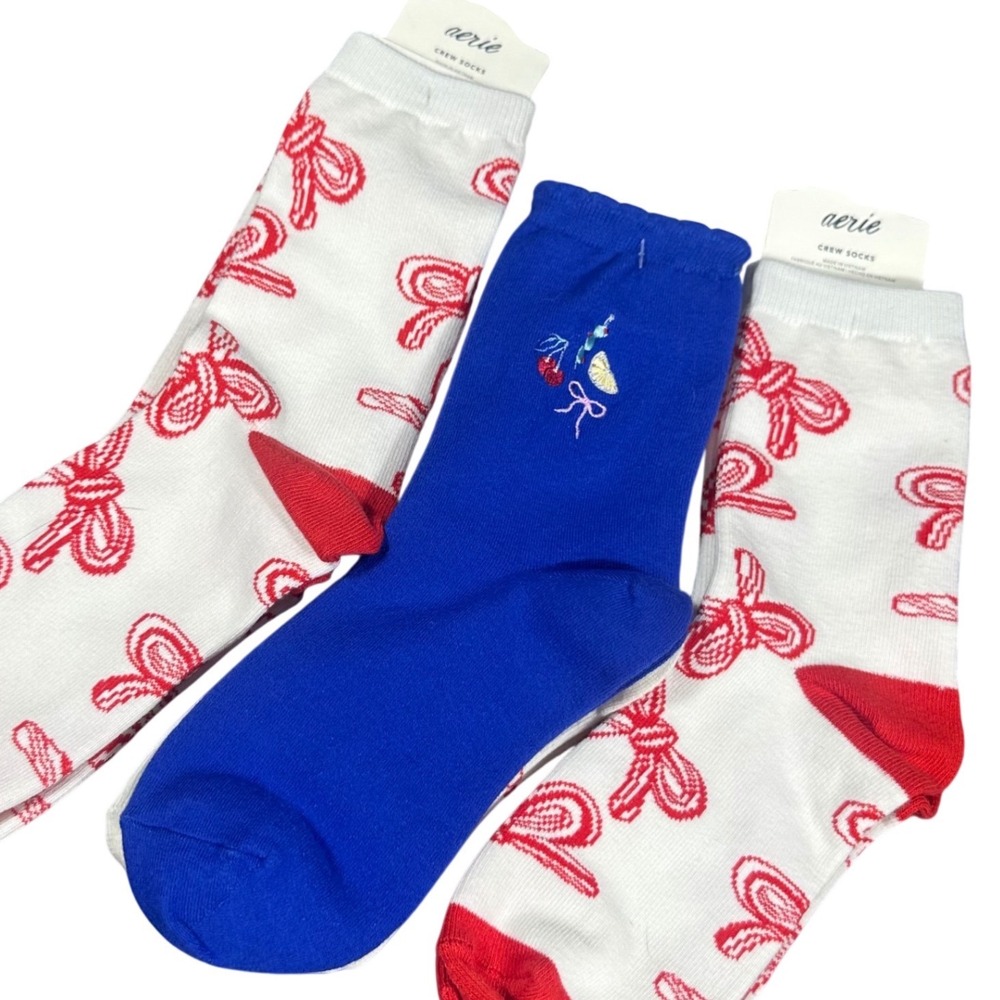 Aerie American Eagle Crew Socks NWT Women One Size Blue White Bows Fruits Bundle